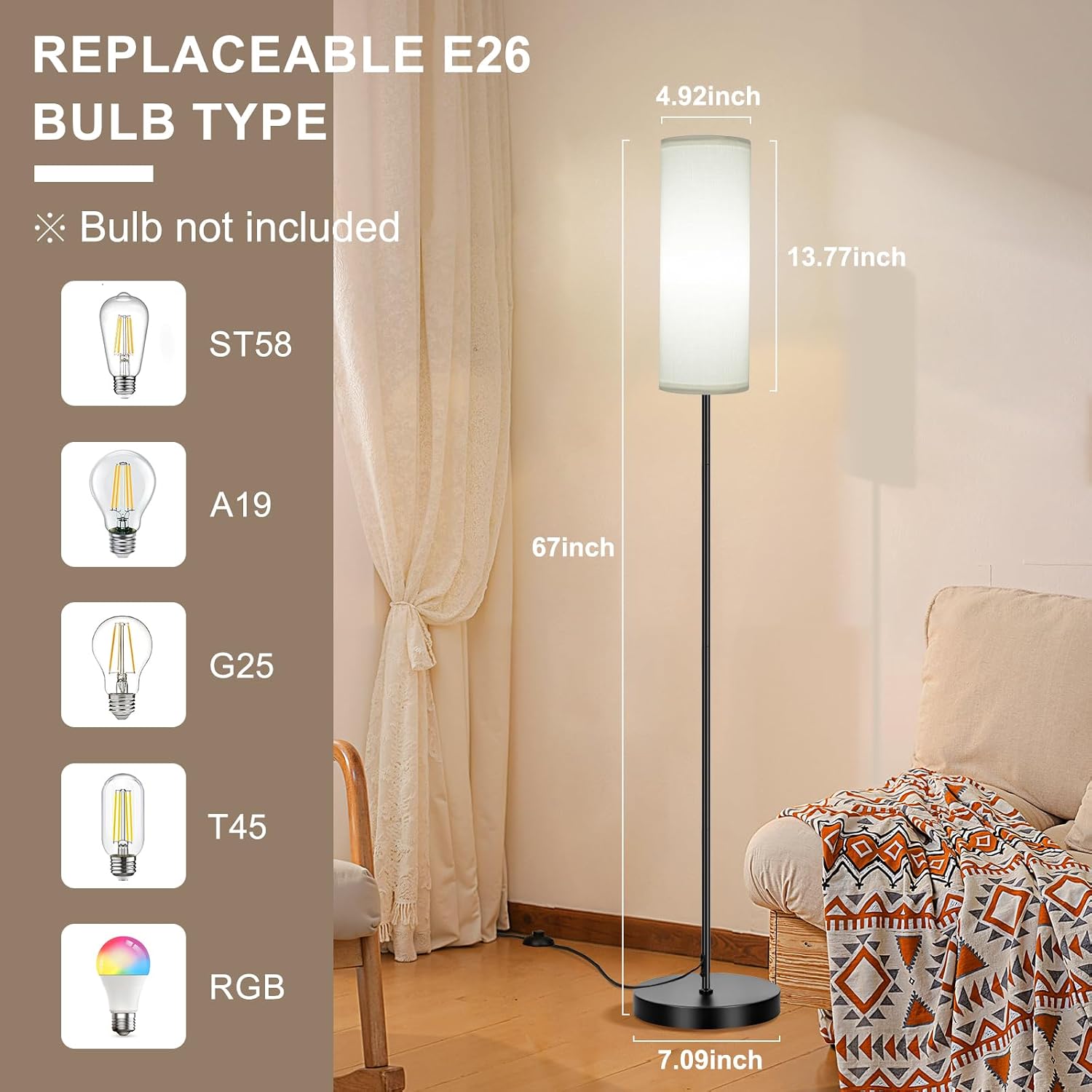 Fridekohome FRIDEKO HOME Floor Lamp with White Shade, Simple Design with Foot Pedal Switch, Small Tall Lamps for Living Room Bedroom Office…