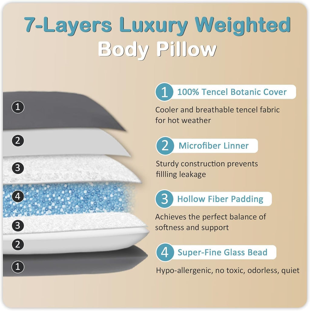 Mioto Cooling Weighted Body Pillow with Tencel Cover(48" x 14") 8.5lbs - Quilted Glass Beads Body Pillows for Better Sleep, Weighted Pillow…