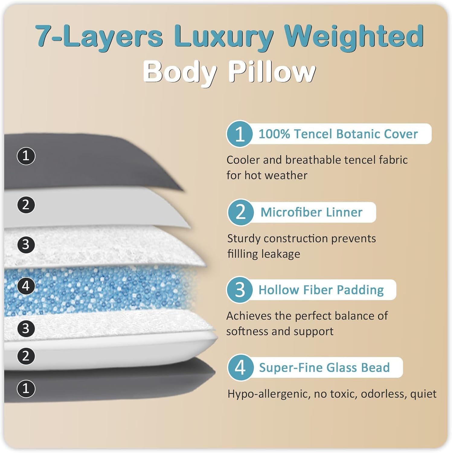 Mioto Cooling Weighted Body Pillow with Tencel Cover(48" x 14") 8.5lbs - Quilted Glass Beads Body Pillows for Better Sleep, Weighted Pillow…
