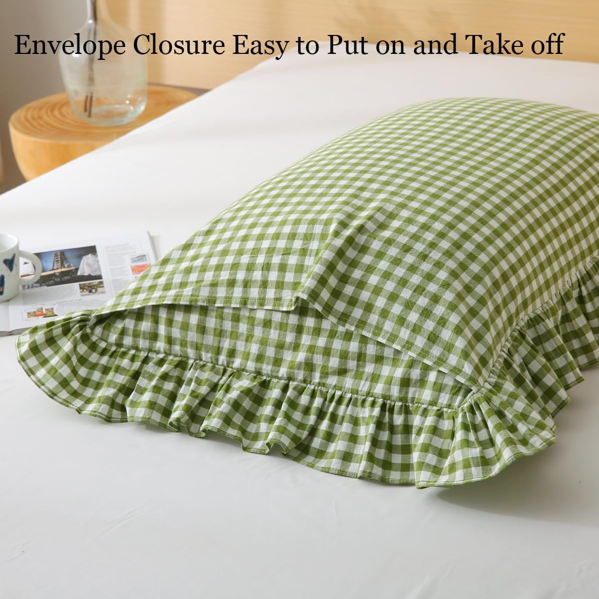 Silnuo Green/White Plaid Ruffled Queen Size Pillow Shams Set of 2, Washed Cotton Shabby Checkered Gingham Farmhouse Bed Pillow Covers 20"x30…