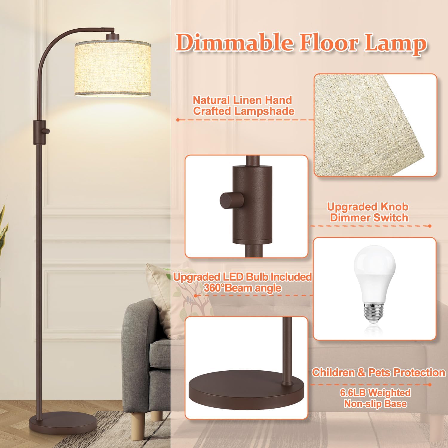 Nintiue Upgraded Modern Arc Dimmable Tall Standing Floor Lamp with Linen Shade, 1200 Lumens LED Bulb Included, for Living & Reading Room…