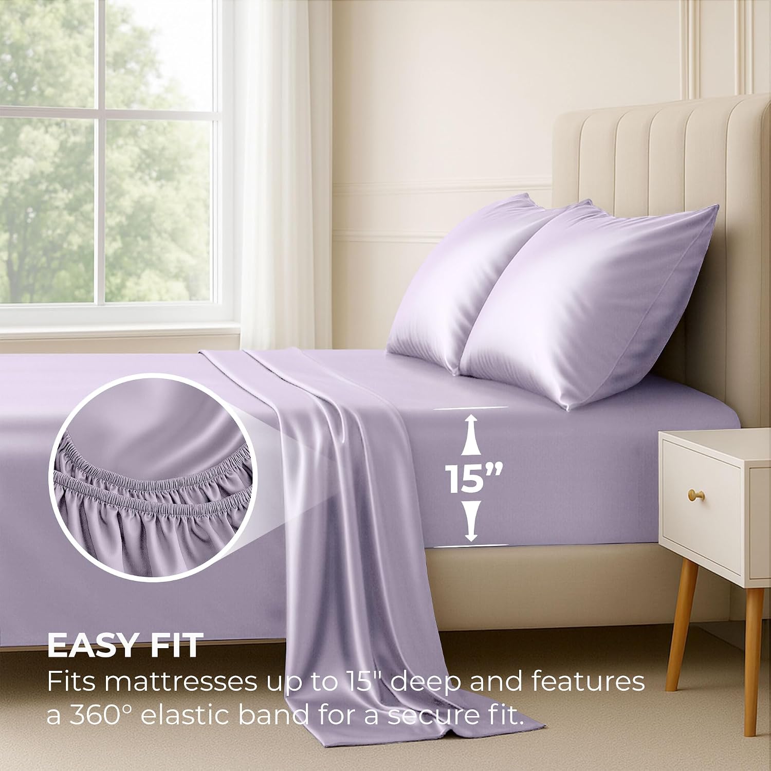 PureBedding Satin Sheets Queen [4-Piece, Lavender] Hotel Luxury Silky Bed Sheets - Extra Soft 1800 Microfiber Sheet Set, Wrinkle, Fade, Sta…