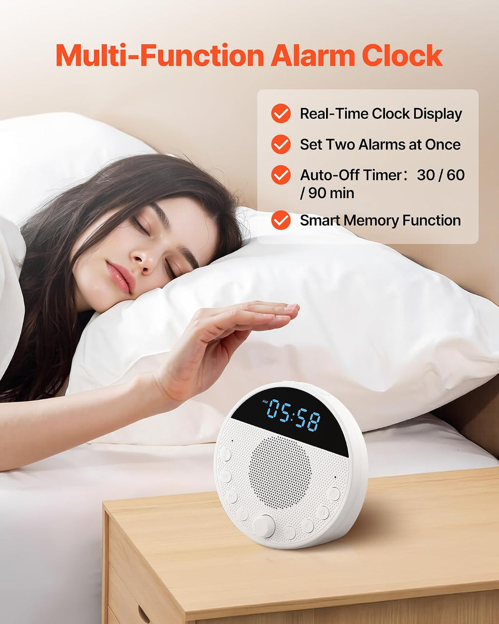 VEVOR Sound Machine, 18 Soothing Sleep Sounds, 7-Color Night Light, 6-in-1 White Noise Sound Machine with Dual Alarms, APP, Auto-Off…
