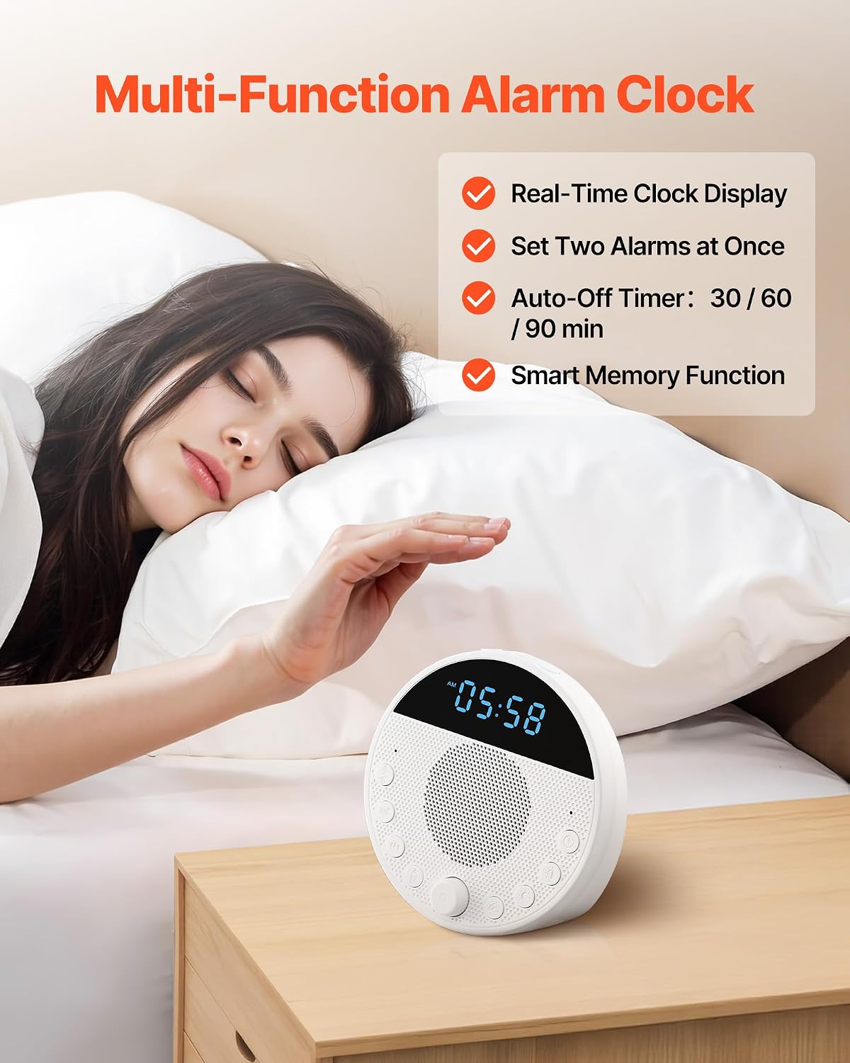 VEVOR Sound Machine, 18 Soothing Sleep Sounds, 7-Color Night Light, 6-in-1 White Noise Sound Machine with Dual Alarms, APP, Auto-Off…