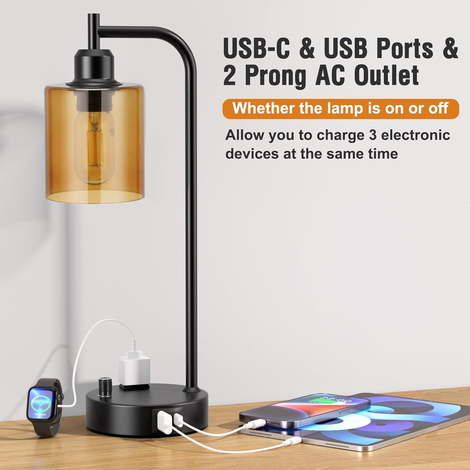 Industrial Bedside Lamps for Nightstand Set of 2 - Fully Dimmable Bedroom Lamps with USB A C Ports and Outlet, Black Table Lamps with…