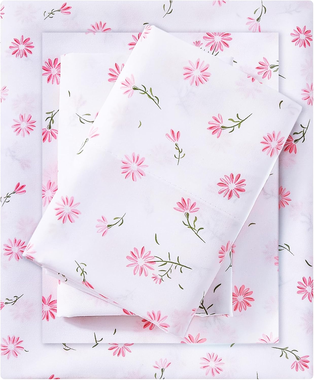 mooreeke Cozy Vintage Microfiber Printed Floral Full Sheet Set - Soft & Breathable Pink Daisy Bed Sheets with Extra Deep Pocket - Non-Slip…