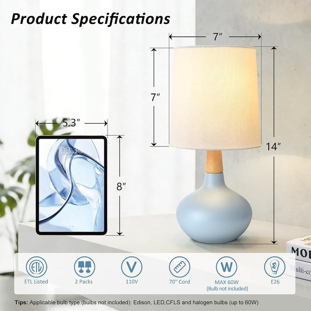 14" Ceramic Table Lamp Set of 2, Small Bedside Lamp with Natural Wood Stem & Linen Shade, Modern Farmhouse Night Lamp for Bedroom Living…