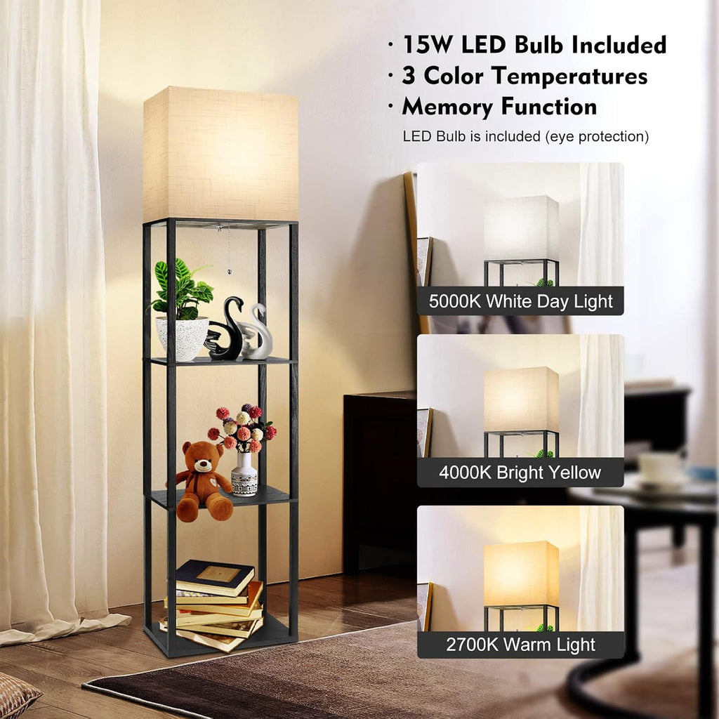 RUNTOP Plus Floor Lamp with Shelves, Shelf Lamp with 15W LED Bulb, 3 Colors, Memory Function, Wide Display Shelf for Collectibles Storge…