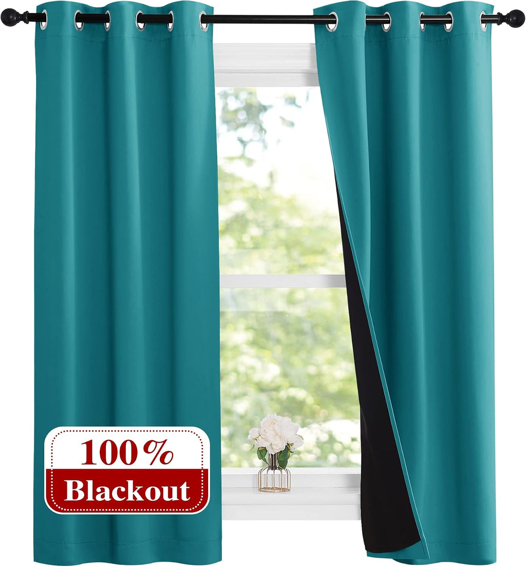 Nicetown Peacock Teal 100% Blackout Lined Curtains, 2 Thick Layers Narrow Wide Window Treatment Panels Thermal Insulated Drapes for Kitchen…