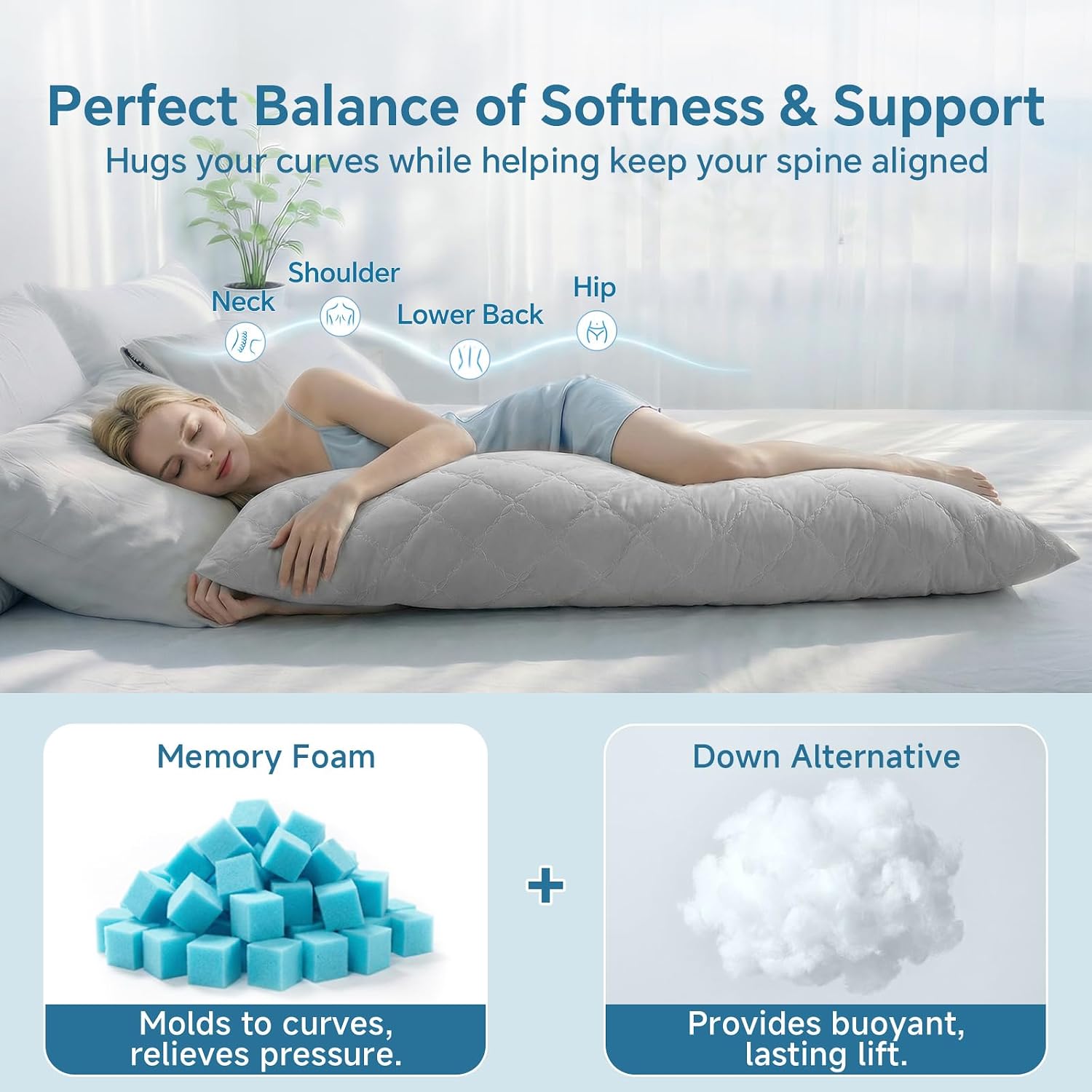 Bedelite Cooling Body Pillow for Adults, Creative Ultra Soft Cool-Touch Quilted Nylon-Spandex Body Pillow Cover, Adjustable Memory Foam Lon…