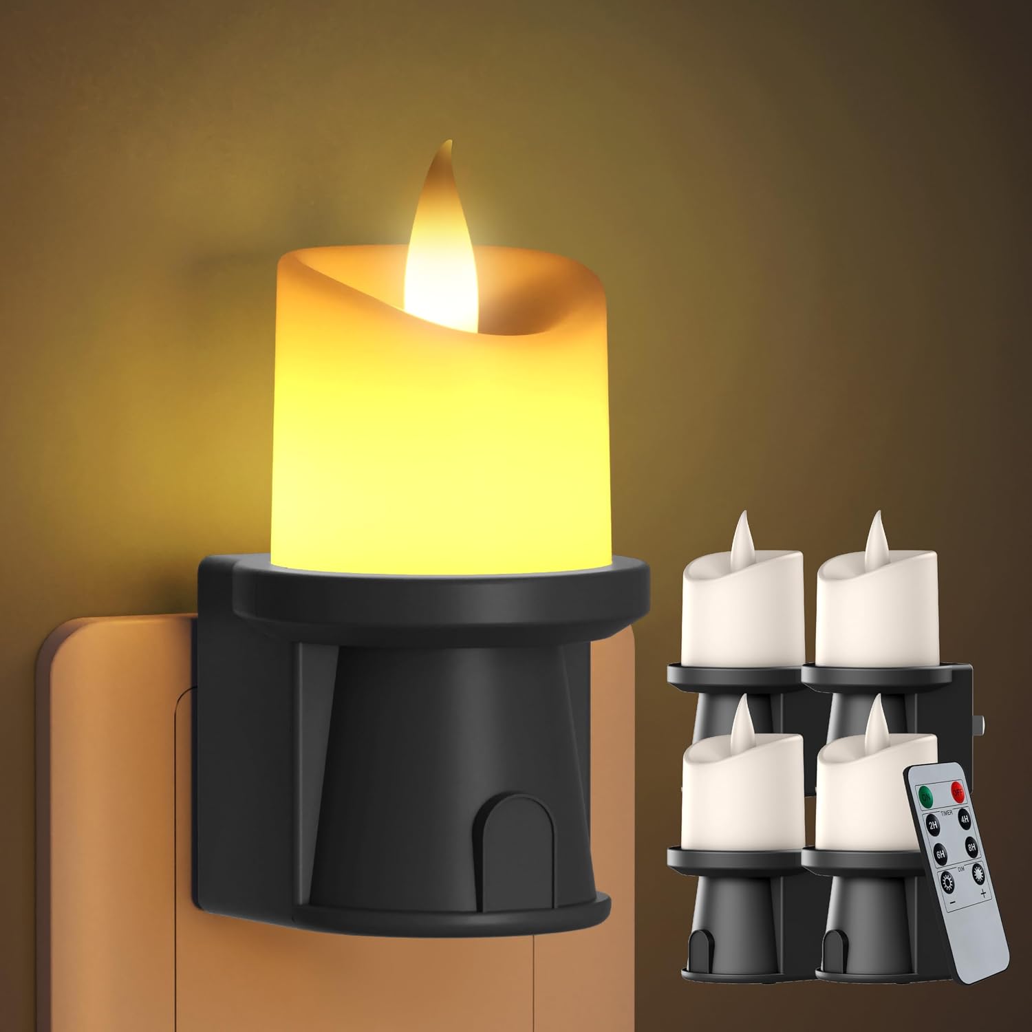 2-in-1 Plug in Night Light (4 Pack) - Dual Mode: Sensor & Remote Control - Modern Farmhouse Black Candle Wall Sconce for Industrial…