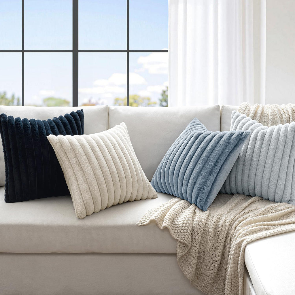 Miulee Faux Fur Plush Decorative Throw Pillow Covers 18x18 Set of 4, Summer Modern Soft Fuzzy Coastal Striped Cushion Covers for Sofa Couch…