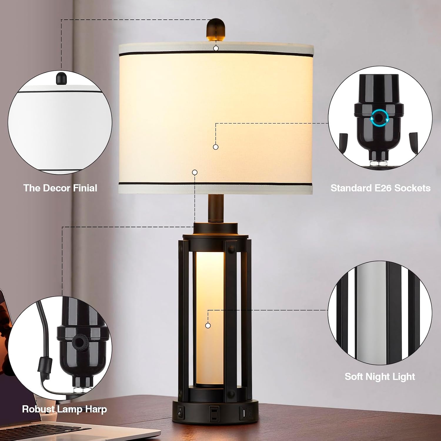 26" Modern Table Lamp with USB A+C Charging Ports & AC Outlet, Industrial Beside Contemporary Lamp Glass LED Night Light for Living Room…