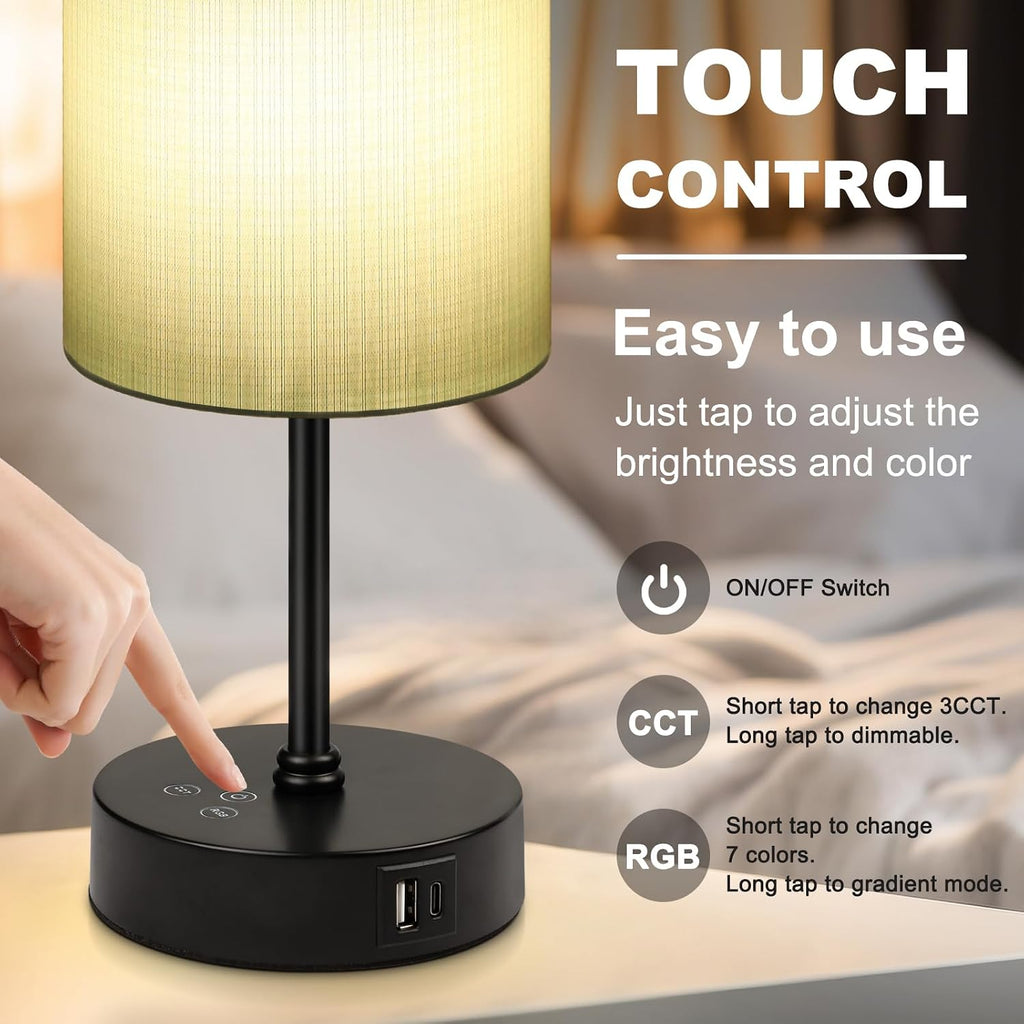 Unicozin Table Lamp for Bedroom, 3 Color Temperatures, 7 RGB Colors, Adjustable Brightness, Dual USB Charging Ports, Ambience Nightstand…
