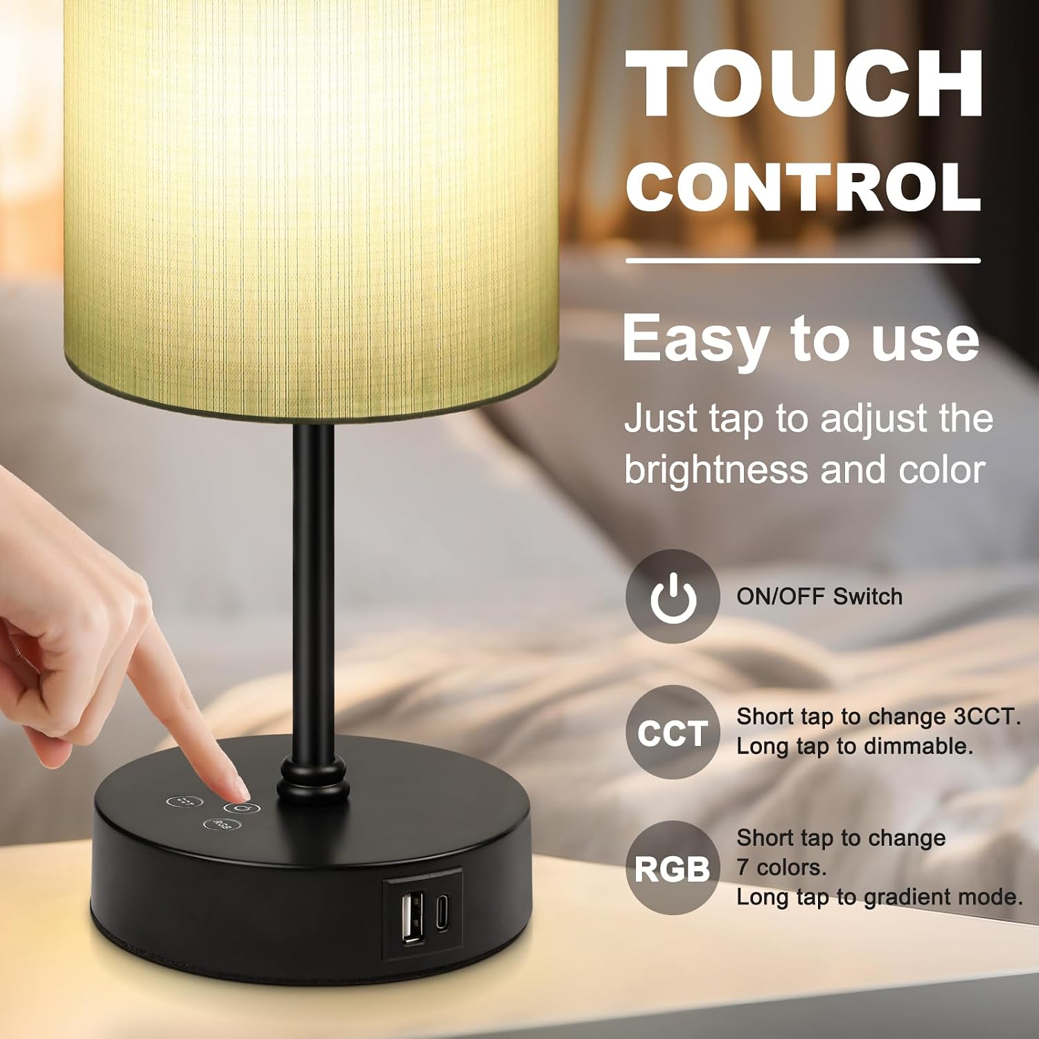 Unicozin Table Lamp for Bedroom, 3 Color Temperatures, 7 RGB Colors, Adjustable Brightness, Dual USB Charging Ports, Ambience Nightstand…