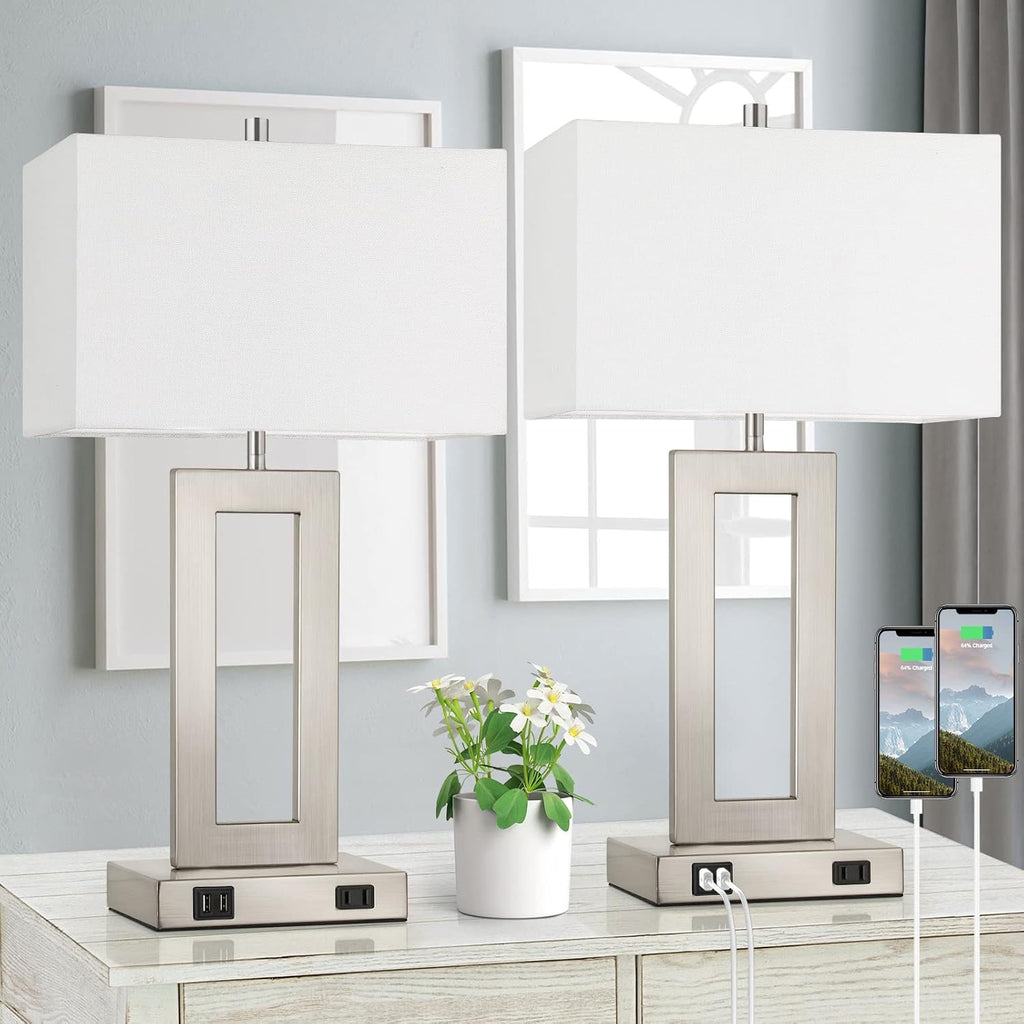 Tobusa 22'' Tall Table Lamps for Bedroom Set of 2, Silver Bedside Touch Control Lamp with 2 USB Ports&AC Outlet, Modern Living Room Table L…