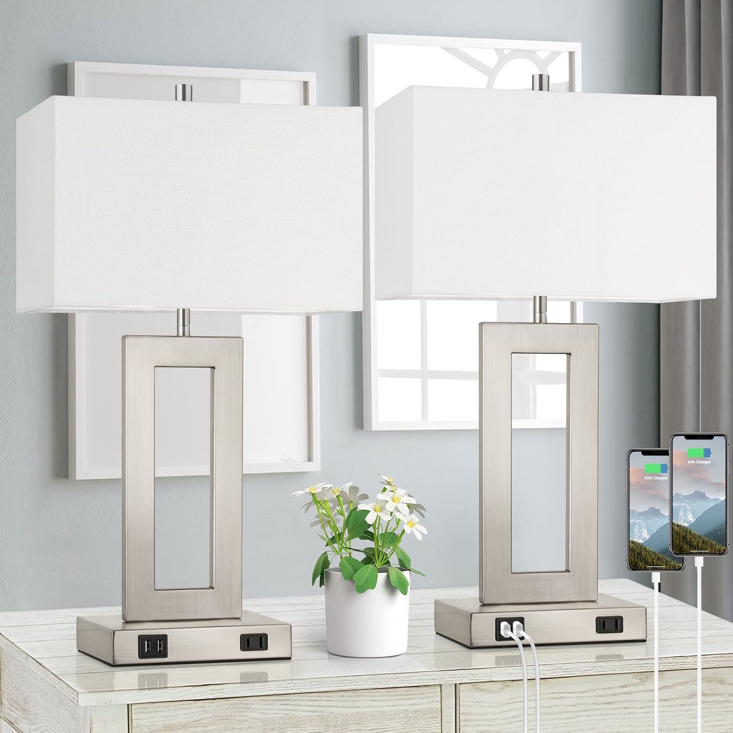 Tobusa 22'' Tall Table Lamps for Bedroom Set of 2, Silver Bedside Touch Control Lamp with 2 USB Ports&AC Outlet, Modern Living Room Table L…