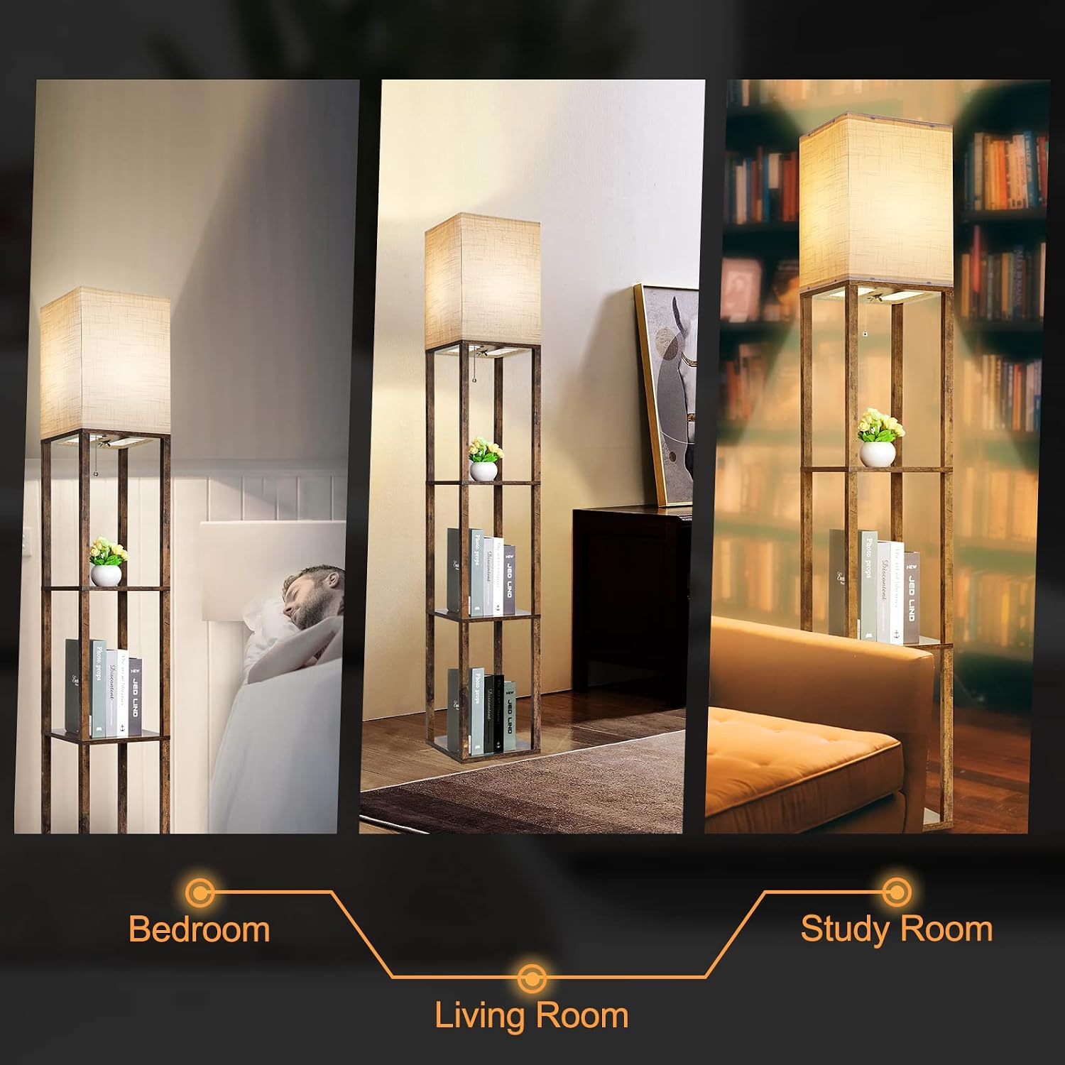 RUNTOP Floor Lamp with Shelves, Modern Shelf Lamp for Display Storage, 3 Color Temperature Wood Narrow Standing Corner Lamp with 8W Bulb…