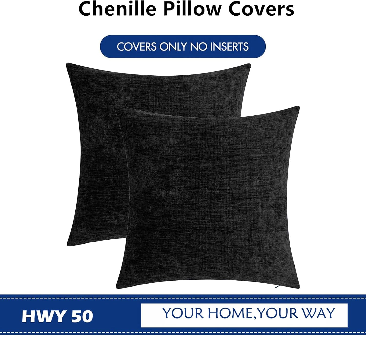 Hwy50 HWY 50 Black Couch Pillow Covers 16x16 Inch Pack of 2, Soft Chenille Decorative Throw Pillow Cases Farmhouse for Sofa Living Room Bed…