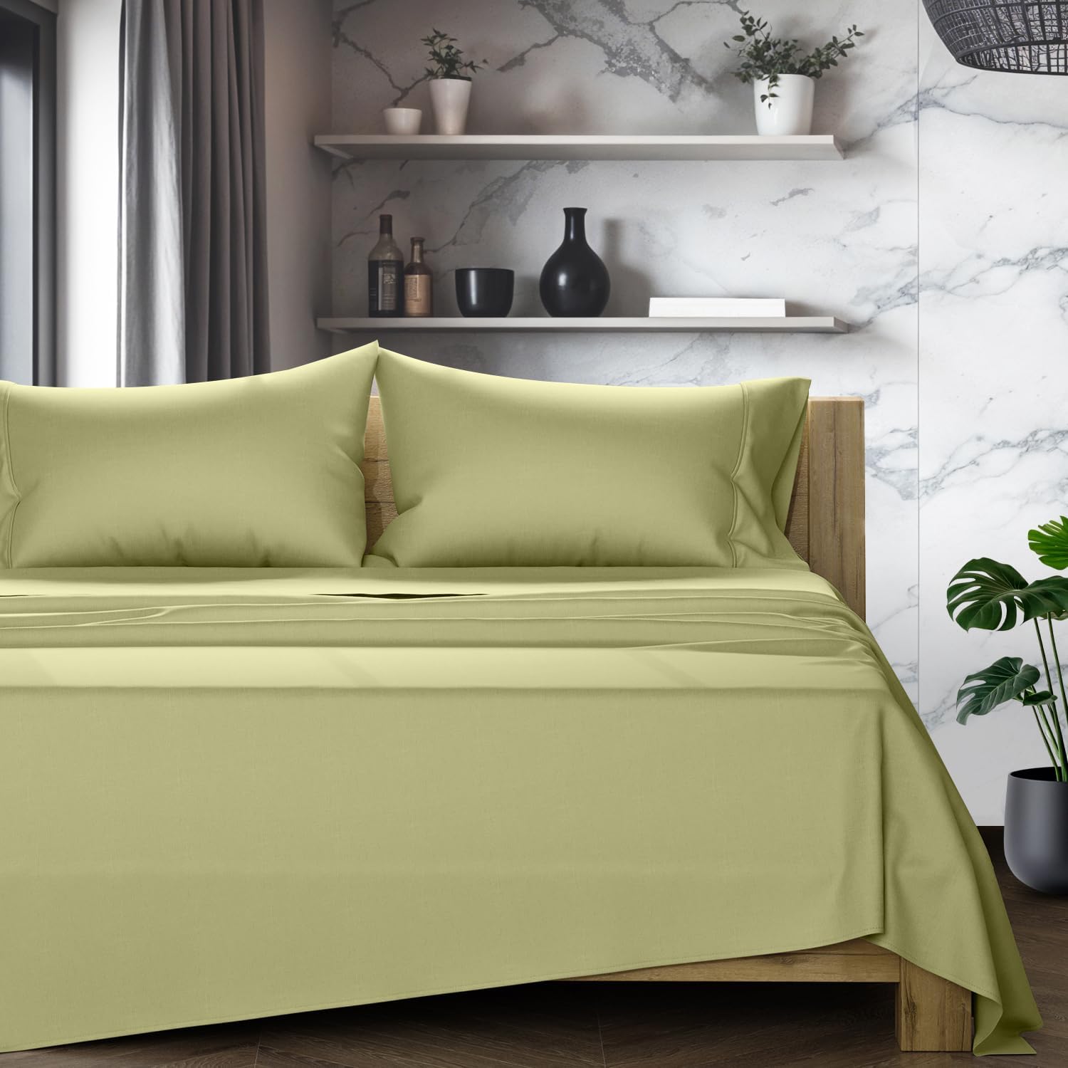 TEXAS LINEN CO. 100% Egyptian Cotton Bed Sheets Full Size - Luxury 1200 Series Sheets Full Size Bed Set (4 PC, Sage Green), 17" Deep…