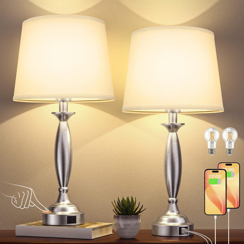 Seealle White Lamps for Bedrooms Set of 2 - Touch Control Bedside Lamp with USB C+A, 3 Way Dimmable Nightstand Lamps with USB Port, Table…
