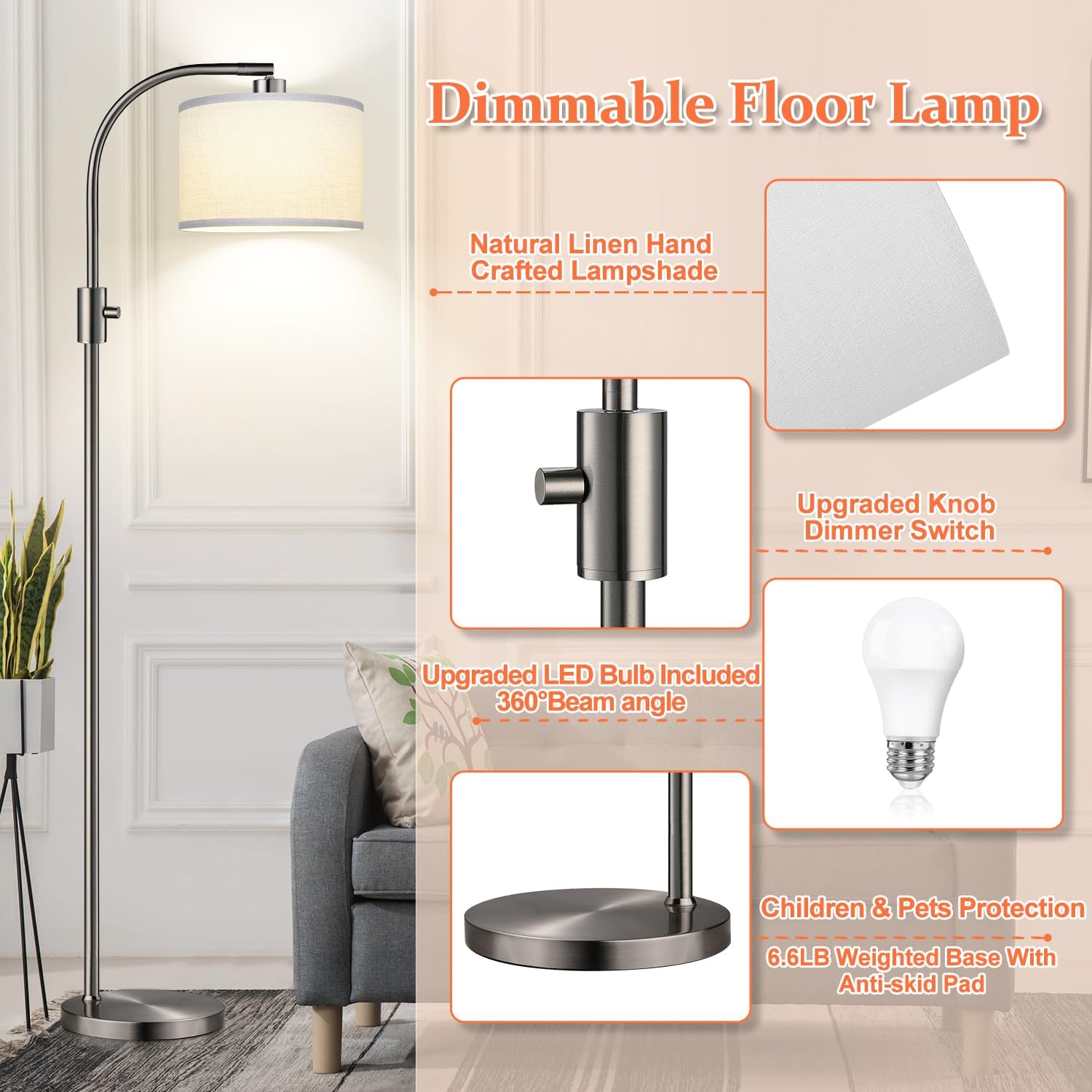 Nintiue Upgraded Modern Arc Dimmable Tall Standing Floor Lamp with Linen Shade, 1200 Lumens LED Bulb Included, for Living & Reading Room…