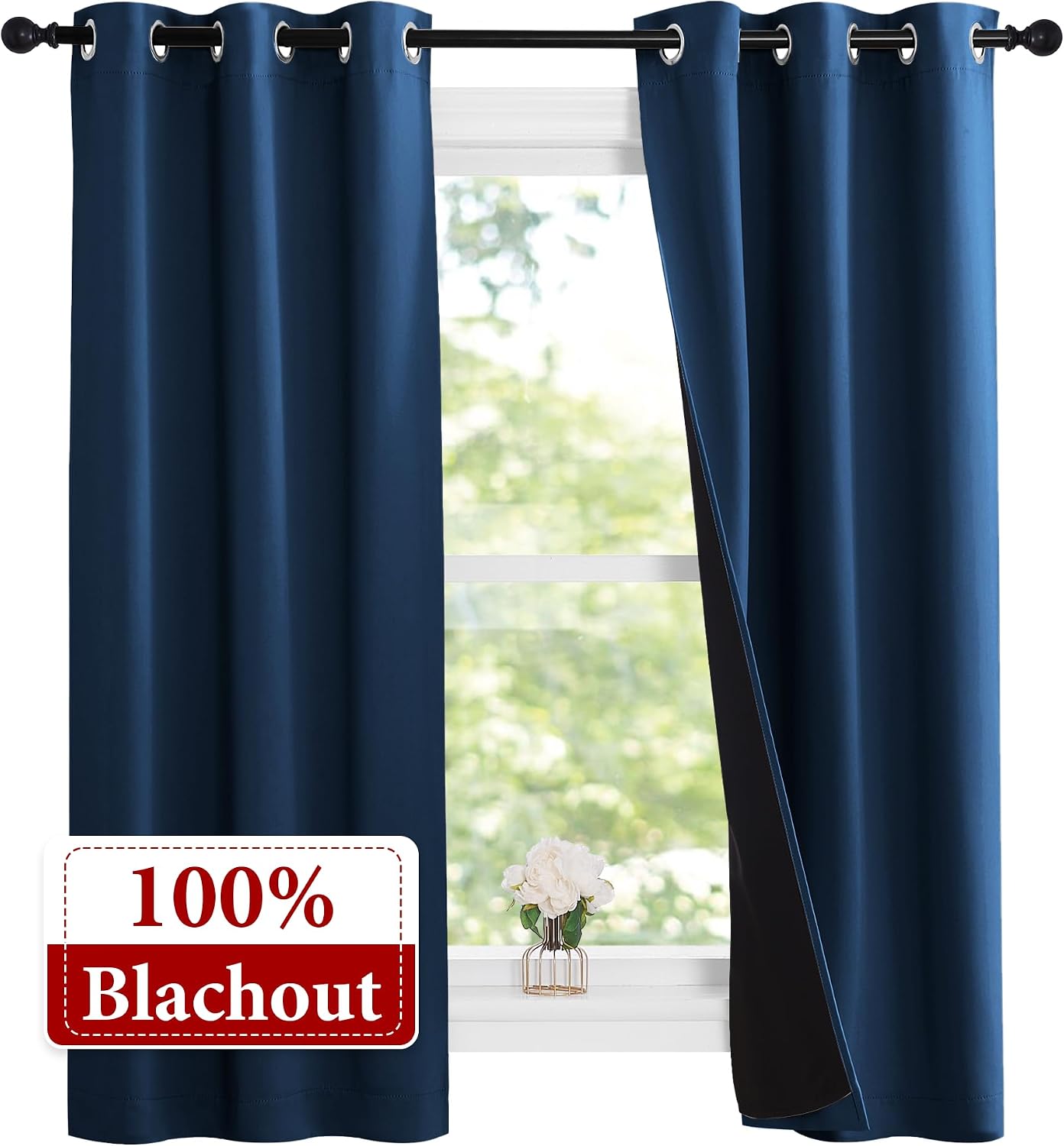 Nicetown 100% Blackout Short Curtains with Black Liners, 2 Panels, 37" W by 50" L, Moroccan Blue, Thermal Insulated Full Blackout 2-Layer L…