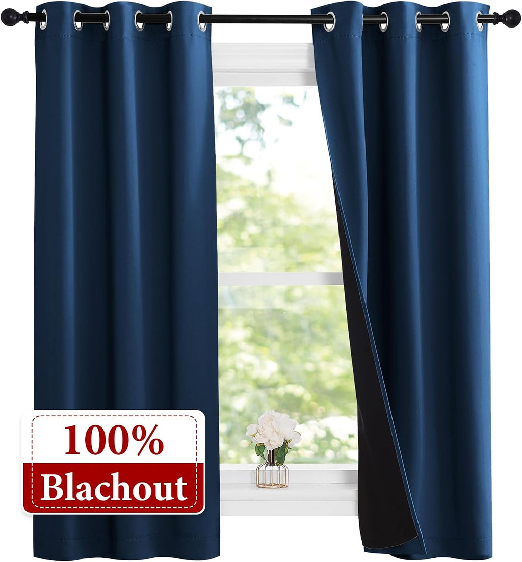 Nicetown 100% Blackout Short Curtains with Black Liners, 2 Panels, 37" W by 60" L, Moroccan Blue, Thermal Insulated Full Blackout 2-Layer L…