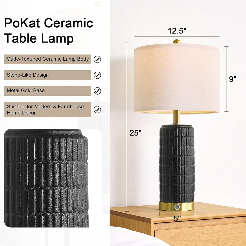 PoKat Ceramic Table Lamps Set of 2 for Living Room, 25'' Modern Touch Bedside Lamps for Bedroom with 2 USB Ports, Farmhouse Black…