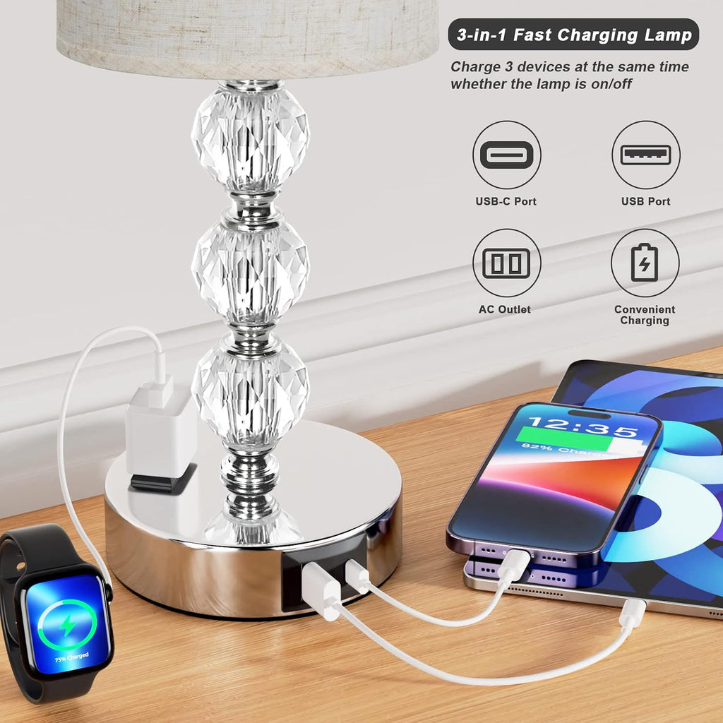 White Touch Bedside Lamps for Bedrooms - Crystal Table Lamp with USB C+A Charging Port and AC Outlet Nightstand, 3 Way Dimmable Silver…