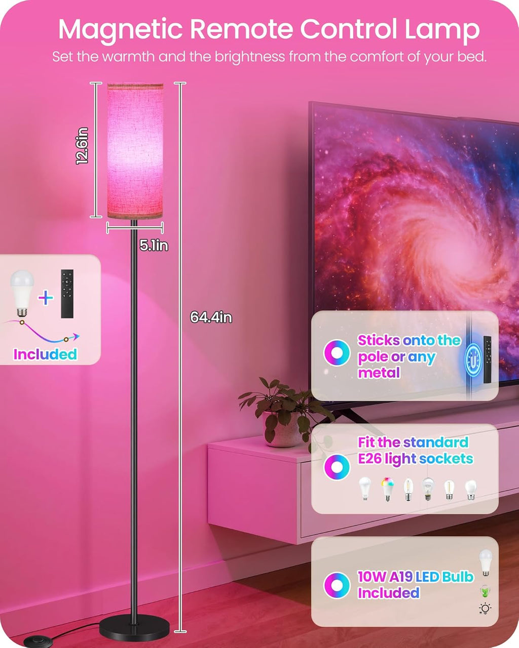Dimmable Floor Lamp for Living Room with RGB Colors, Color Changing Ambient Lighting, Corner Standing Lamp for Bedroom - Remote, Foot…