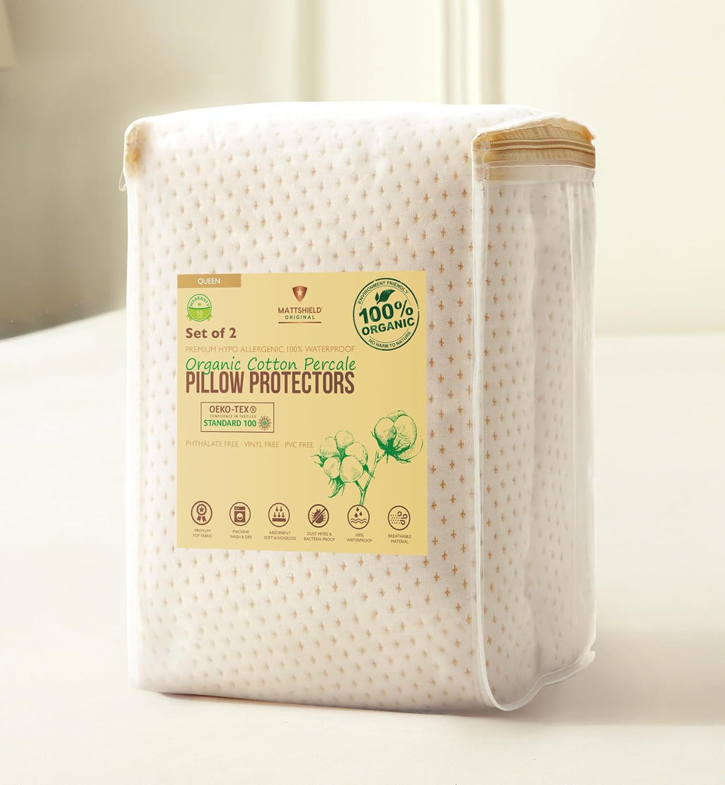 2-Pack Deluxe Cooling Organic Pillow Protectors Queen Size - Waterproof Zippered Encasements - Crisp, Breathable Organic Cotton Surface…