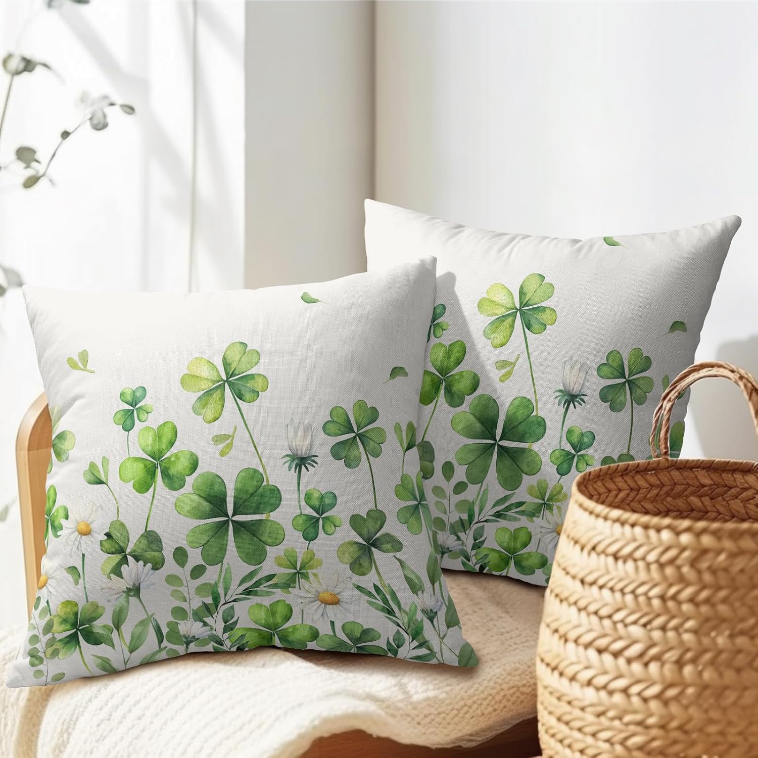 Granbey Saint Patrick Day Throw Pillow Covers Lucky Clover Shamrocks Daisy Floral Pillowcase 16x16in Set of 2 Spring St. Patrick's Day Holi…