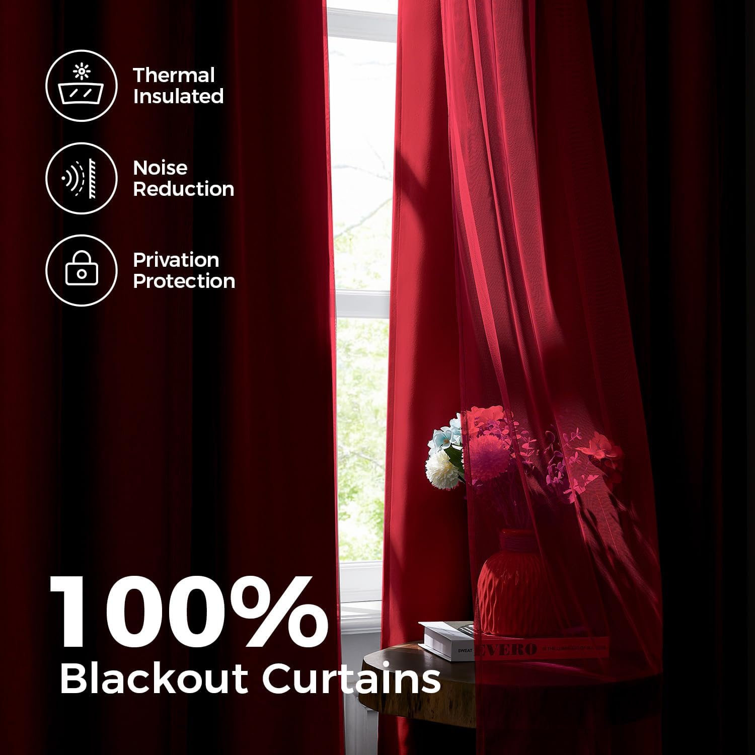 Swandream Blackout Curtains for Bedroom, Double Layer Red Curtains, Black Out Curtain 90 inch Long with Sheer Overlay for Living Room, Room…