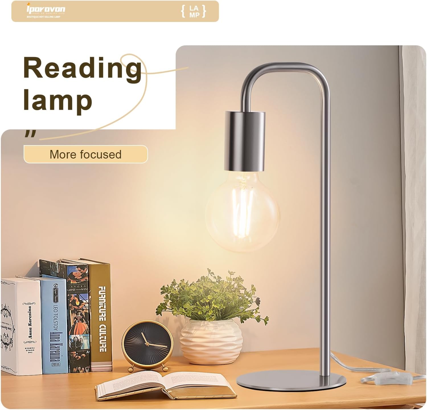 Industrial Table Lamp for Bedroom, Small Side Table Lamp for Nightstand with Wire Switch, E26 Socket Base, Modern Desk Lamp for Living…