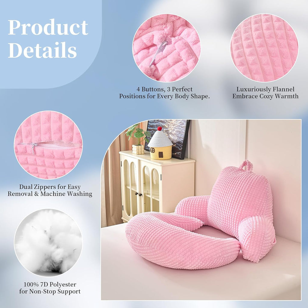 Bed Reading Pillow with Arms 19", Cozy Flannel U Shaped Back Support Cushion for Sit up in Bed, Ergonomic Lumbar Backrest for Adult…