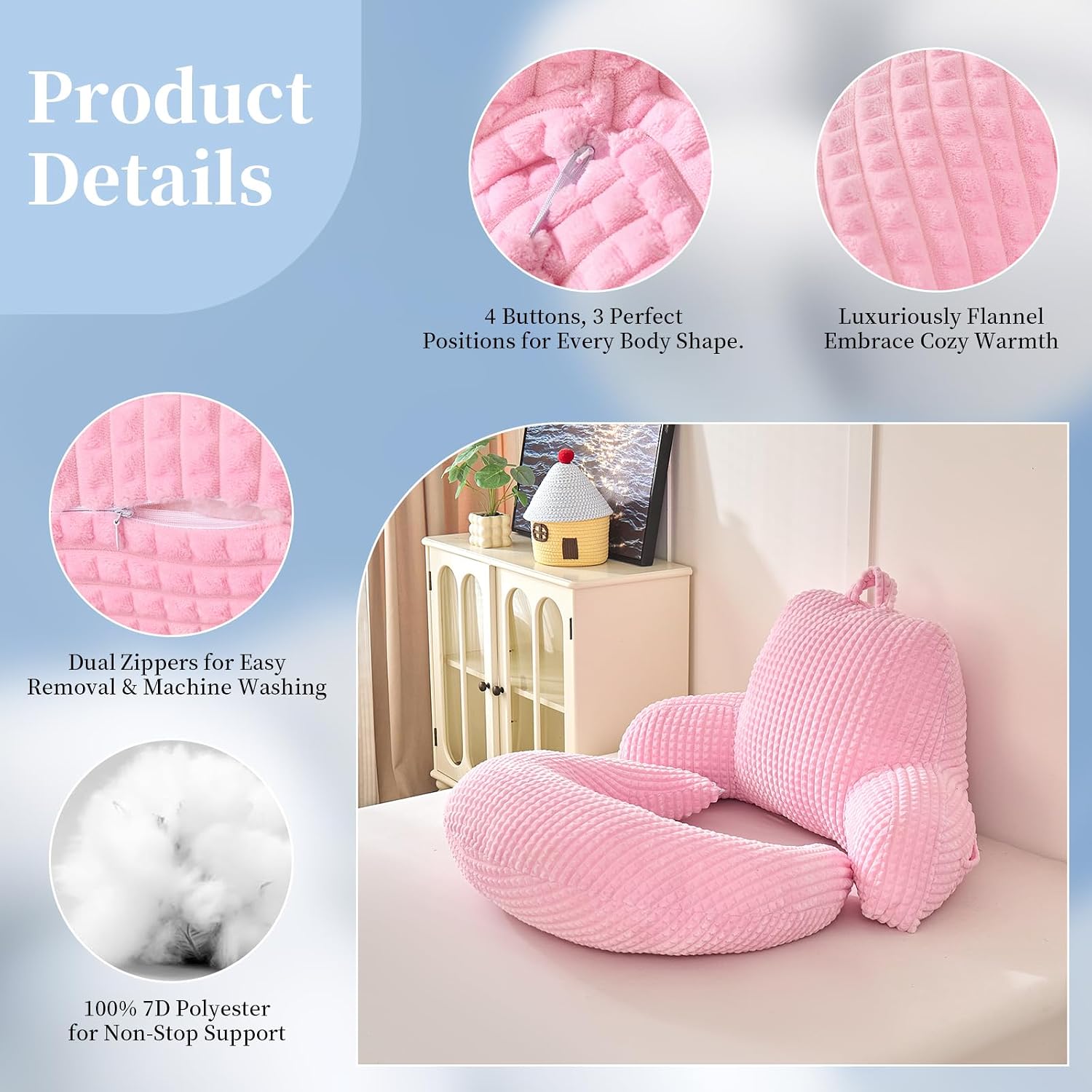 Bed Reading Pillow 17", Cozy Flannel U Shaped Back Support Cushion for Sitting up in Bed, Small Laptop Desk Lap Pillow for College…