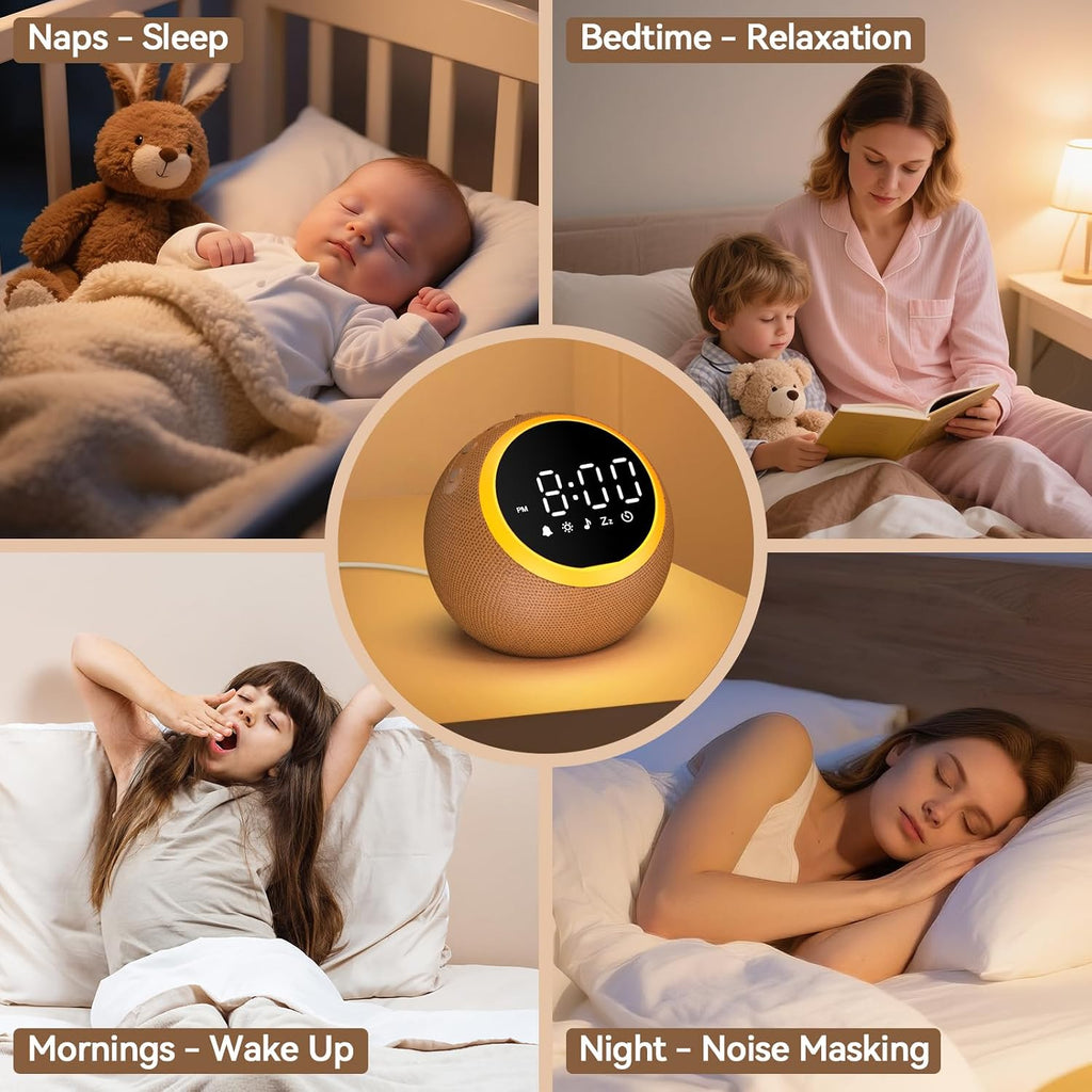 Alarm Clocks with Soft Sounds Machine: 30 Soothing Sounds, 10 Soft Wake-Up Sounds, 32 Adjustable Volume & Timer, Memory Function (Brown)