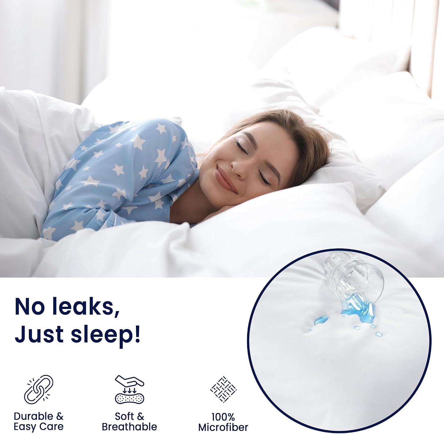 QATAN Waterproof Queen Pillow Protectors Set of 2 – Soft Microfiber Zippered Pillow Case Protector, Noiseless Breathable TPU Backed…