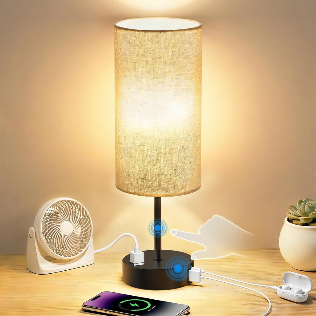 Fitfull Table Lamp for Nightstand, High-Sensitivity Touch, 3-Level Dimmable Bedside Lamp with AC Outlet | USB | and USB-C, Ideal Nig…