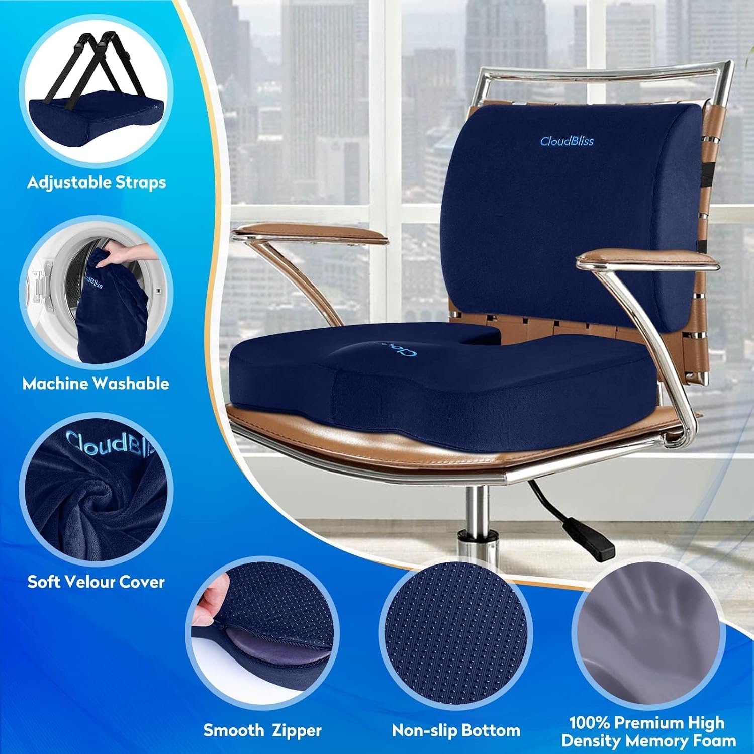 CloudBliss Lumbar Support Pillow & Seat Cushion Set for Office Chair, Desk Chair, Wheelchair & Car – Memory Foam Back Support, Ergonomic Ch…