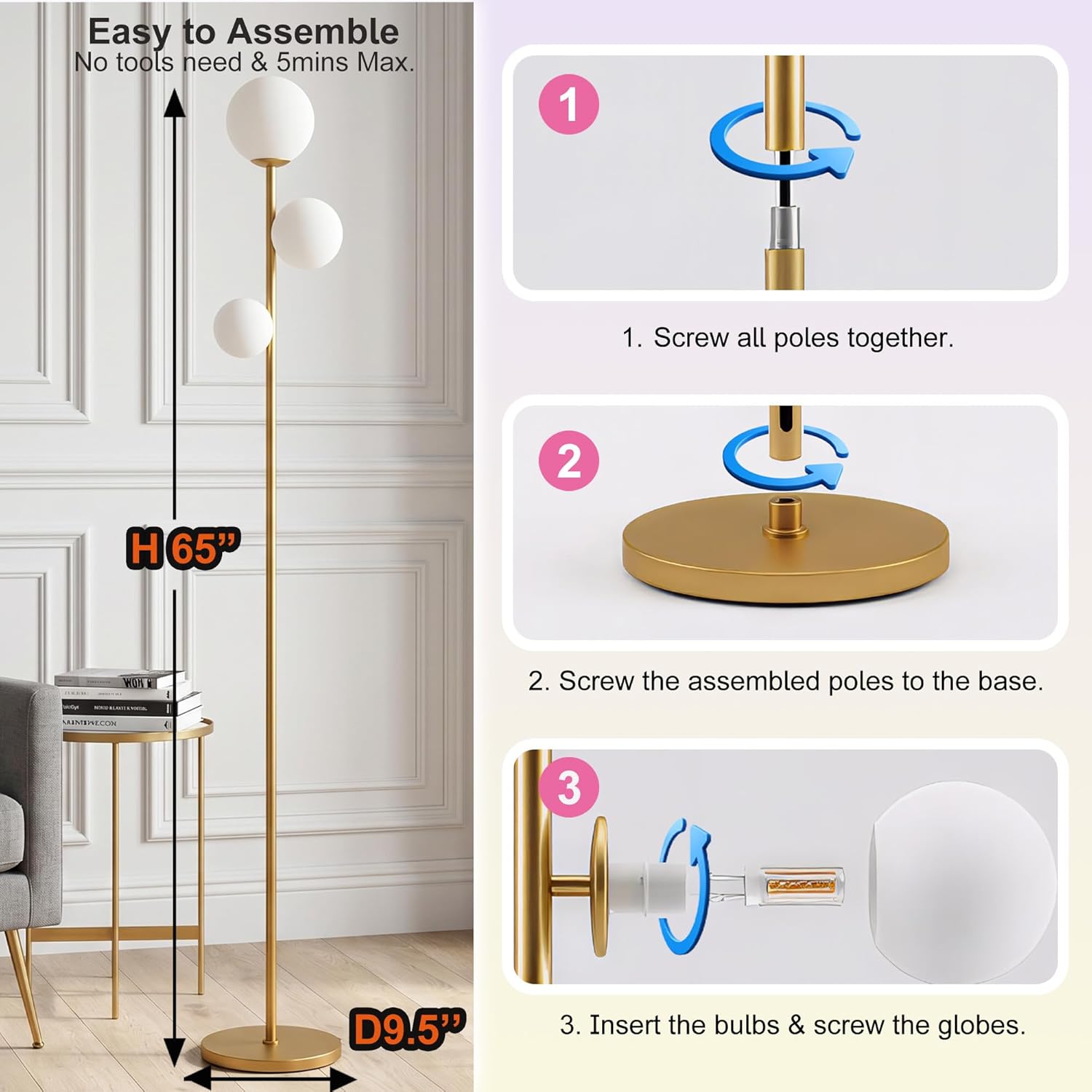 Fiqevs 3 Globe Floor Lamp Mid Century Modern, Gold Standing Lamp with Frosted Glass Shade & LED Bulbs, Tall Pole Light with Foot Switch…