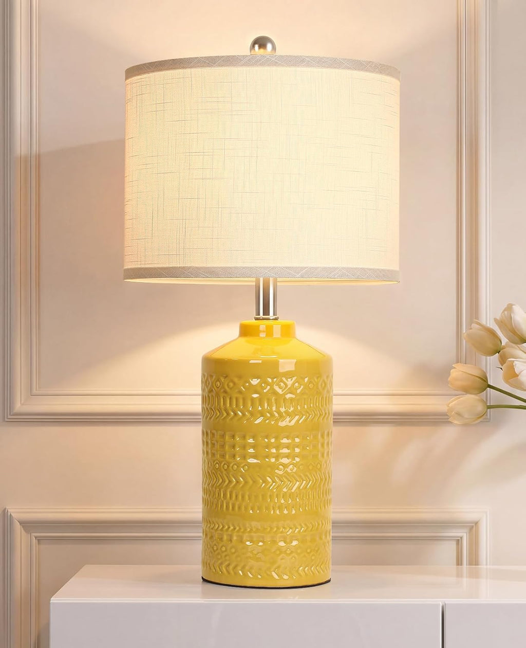 JUNNAI 25" Modern Bedside Ceramic Table Lamps for Living Room Mustard Yellow Nightstand 3-Way Dimmable Lamp Farmhouse Lamp for Bedroom…