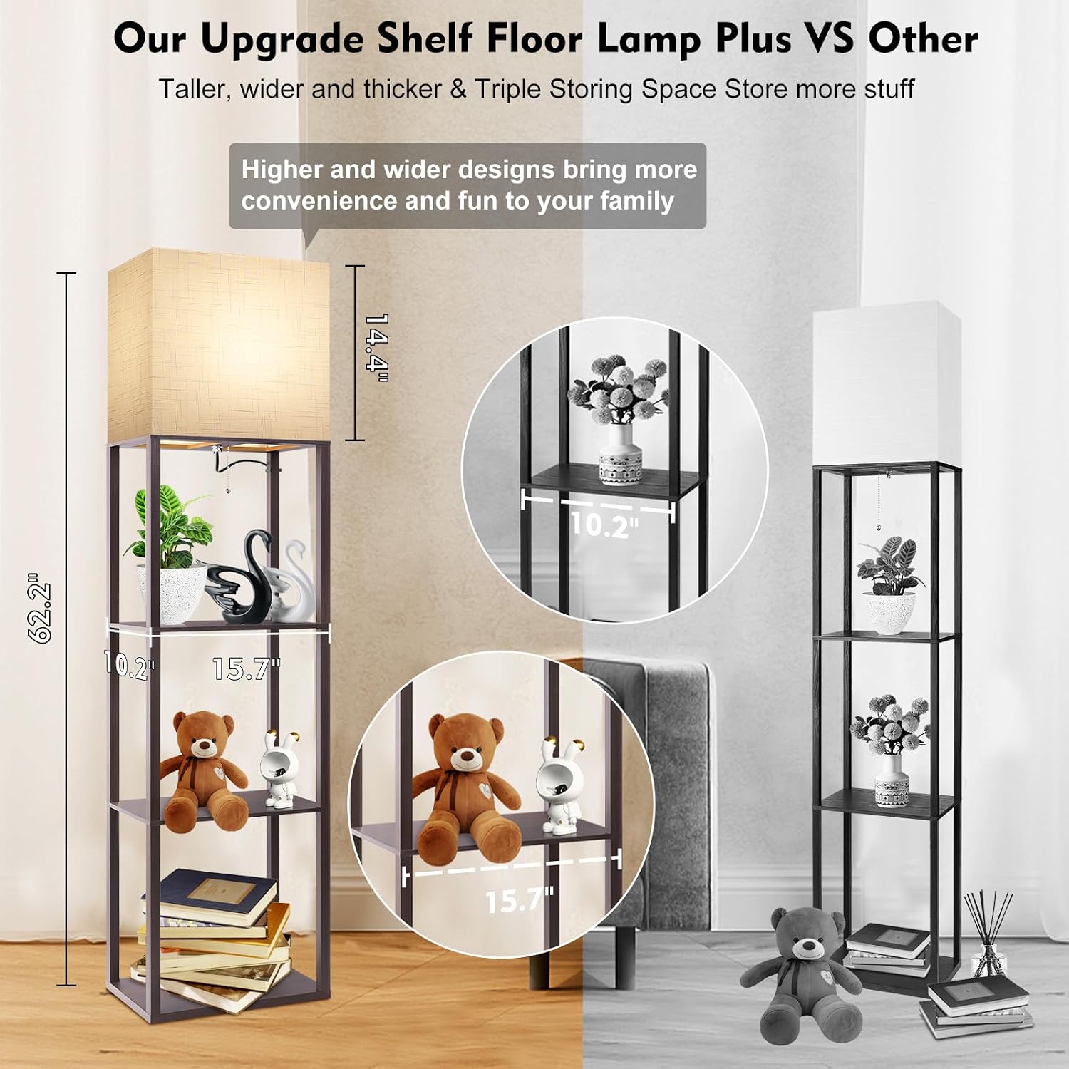 RUNTOP Plus - Floor Lamp with Shelves, Wide Shelf Lamp, Shelf Floor Lamp with 15W LED Bulb, 3 Colors Temperature, Memory Function, Large…