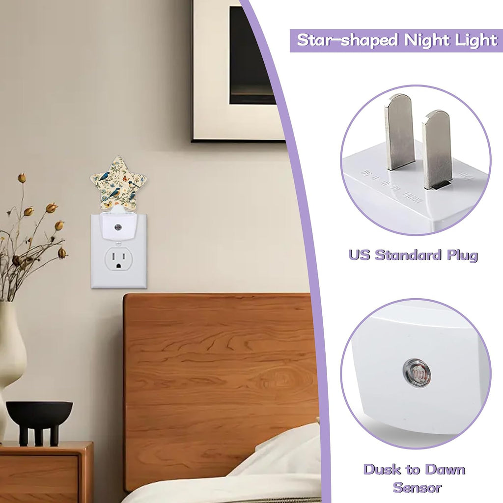 Birds Butterfly Decorative Nightlight Plug in Wall, Watercolor Floral Star Shaped Night Light with Built in Sensor for Home Decor, Kitchen…