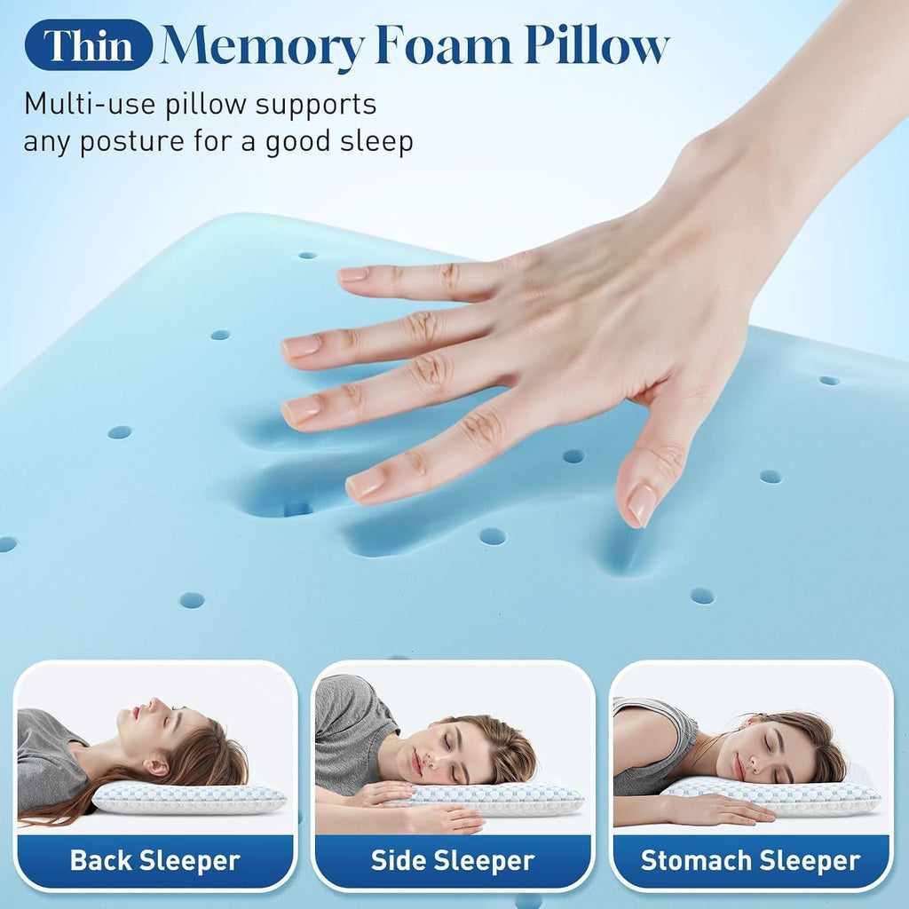 CloudBliss Ultra 3.3” Pillows for Side | Back | Stomach Sleepers, Memory Foam Flat Pillow, Low Profile Sleeper Pillows with Double Sid…