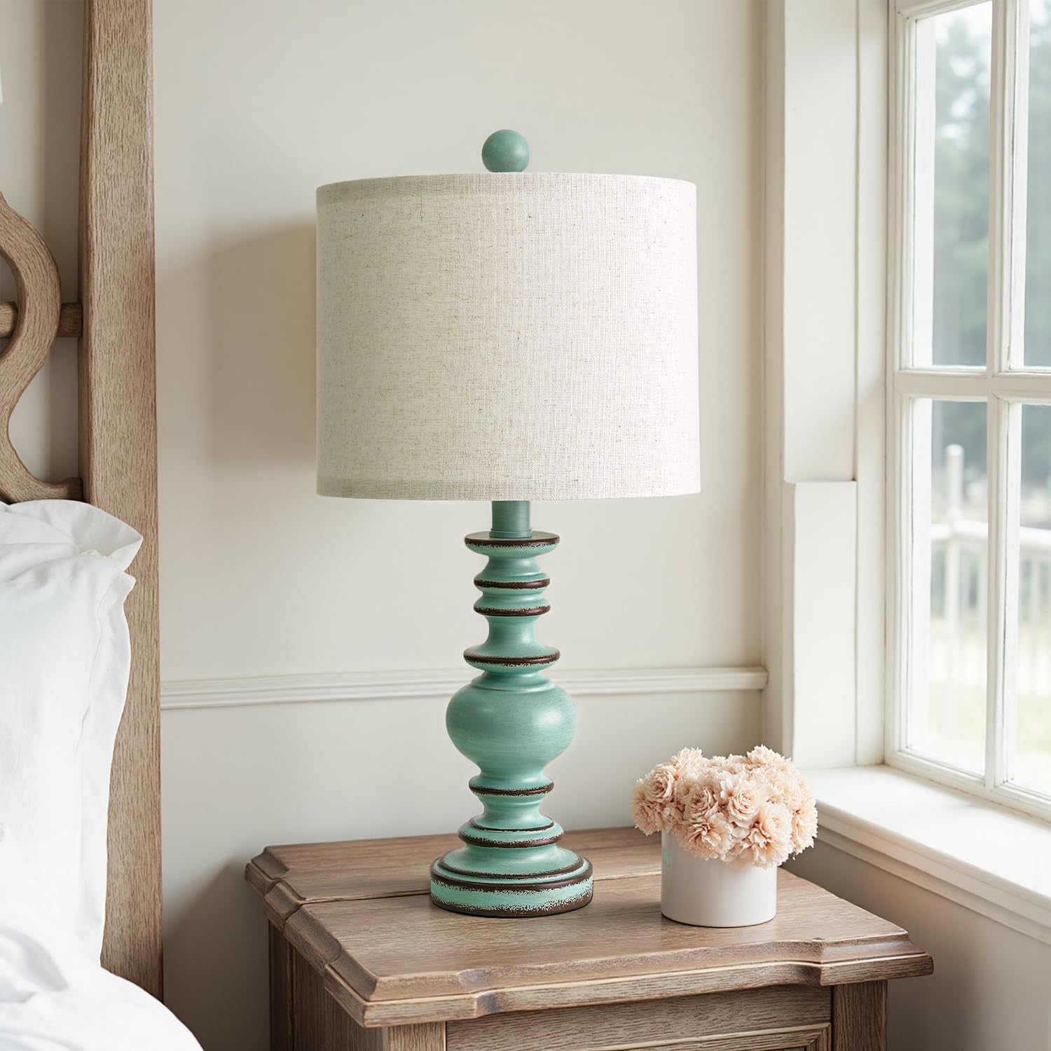 BOBOMOMO 20" Distressed Teal Bedside Lamps Set of 2, Hand-Painted Vintage Resin Lamps with Linen Shades, Cottage Farmhouse Lamp for…