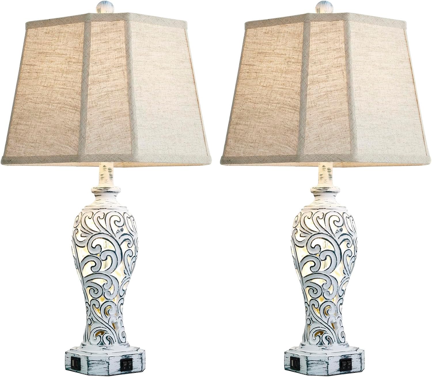 25'' Farmhouse Table Lamps Set of 2 for Living Room Bedroom, 2 USB Ports Rustic Vintage Nightstand Table Lamp with Nightlight, Hollow Out…