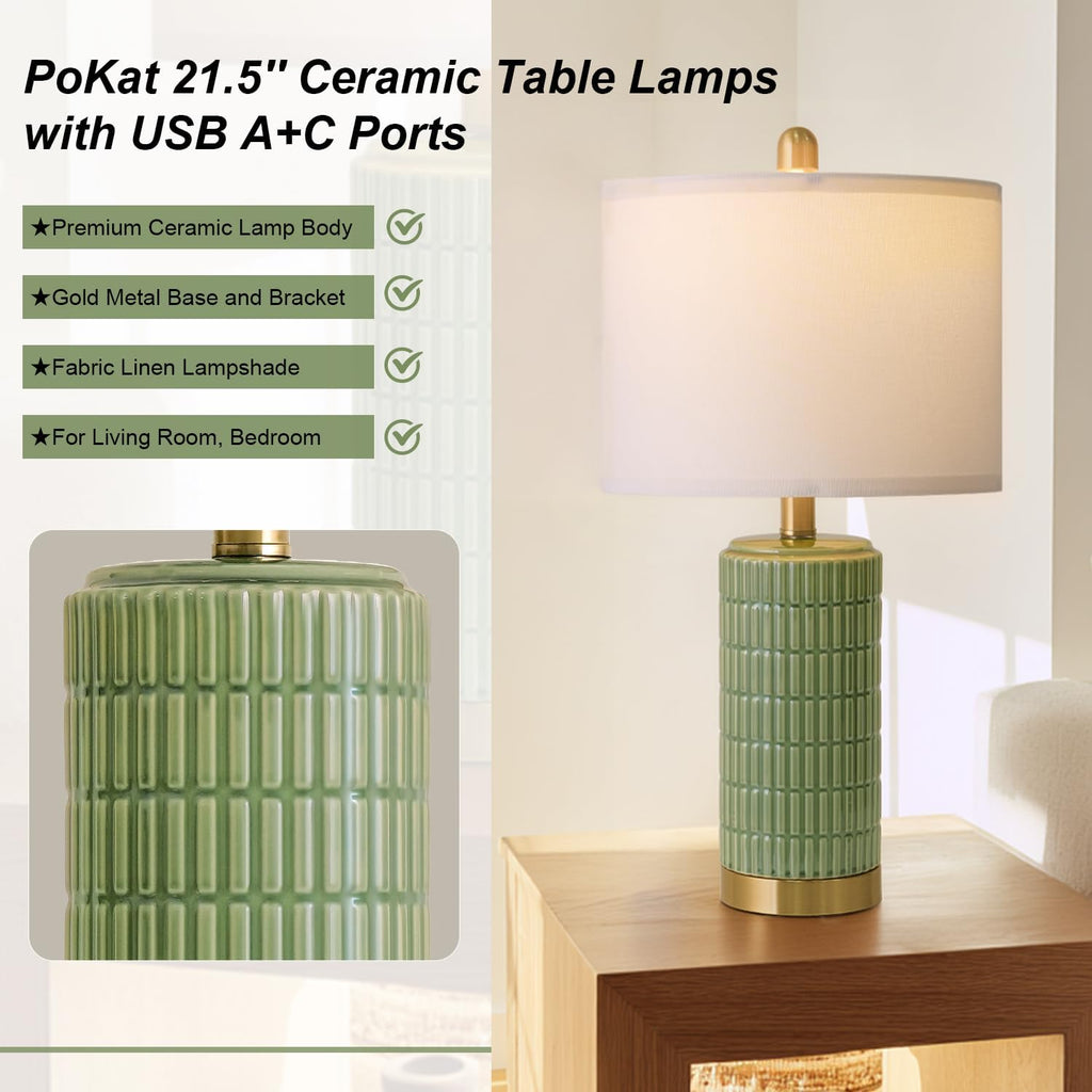 PoKat Bedside Table Lamps Set of 2 for Living Room with 2 USB Ports, 21.5'' Small Modern Nightstand Lamps for Bedroom, Ceramic Side Table…