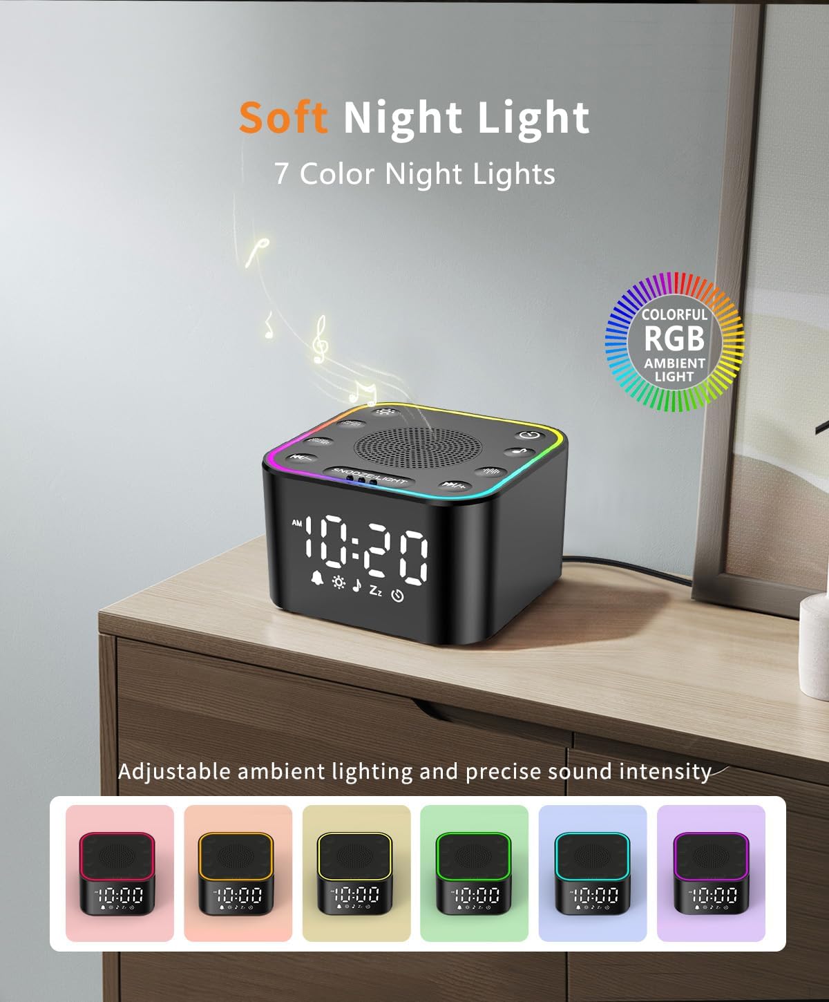 White Noise Sound Machine, Alarm Clock with Sound Machine for Sleeping, White Noise Machine with Digital Clock for Bedrooms, RGB Night…